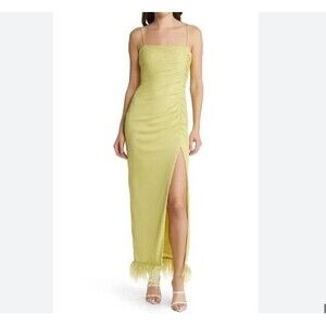 SAYLOR  Gardenia Ruched Metallic Midi Slit Dress Pear Yellow XS